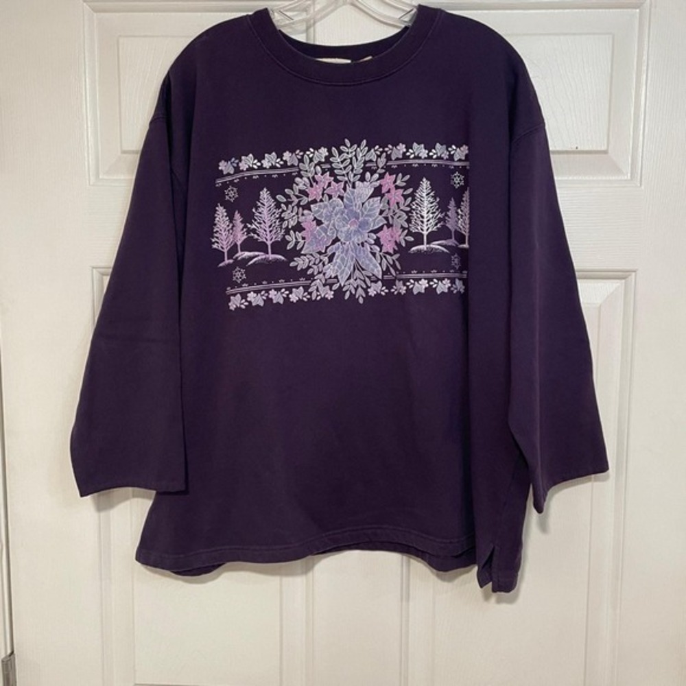 Vintage 90s Day Breeze Purple Floral Winter Sweatshirt 3/4 Sleeve Top Cottage‎ L